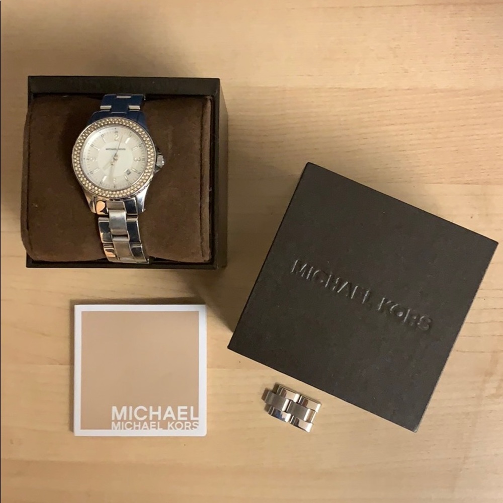 Silver MK Pearl Face Watch